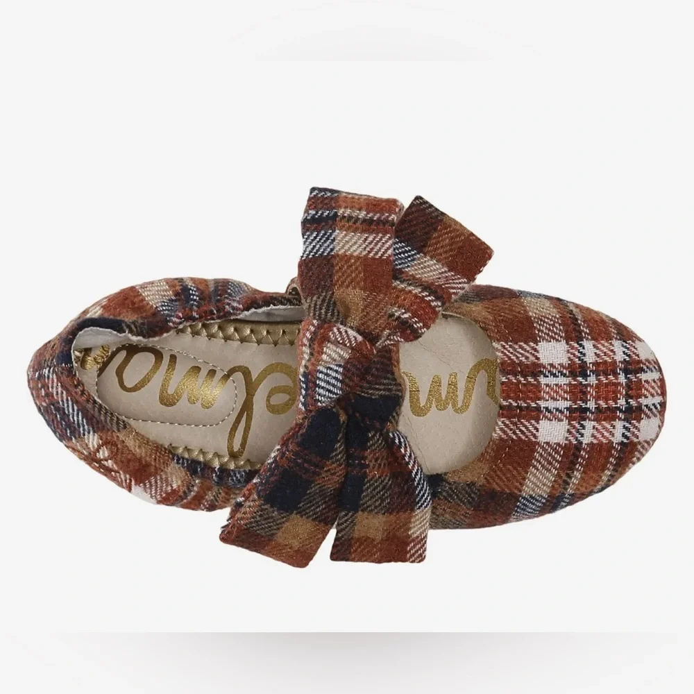 Sam Edelman Felicity Little Kid 3 Rust Plaid Multicolored Ballet Flats & Bow NWT